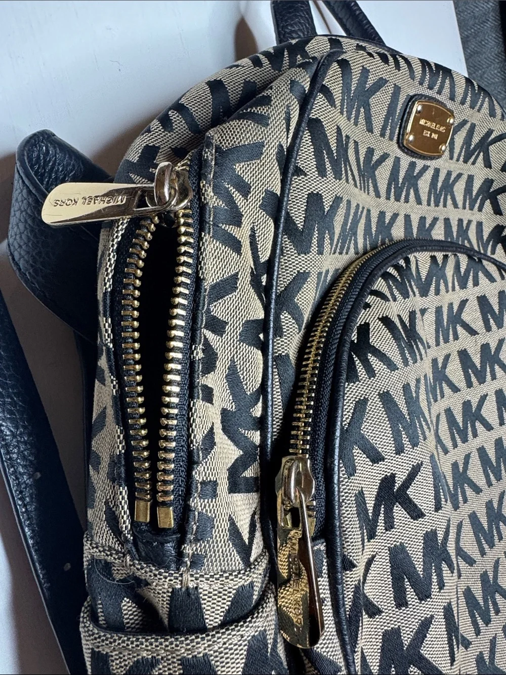 Michael Kors Black and Brown MK Monogram Backpack